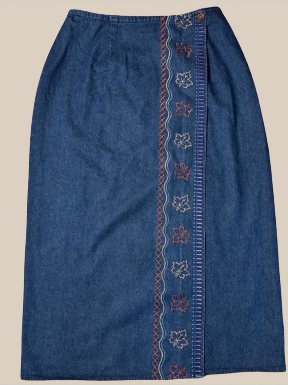 VTG Coldwater Creek Denim Maxi Wrap Skirt Embroidered Southwest Boho SZ MP